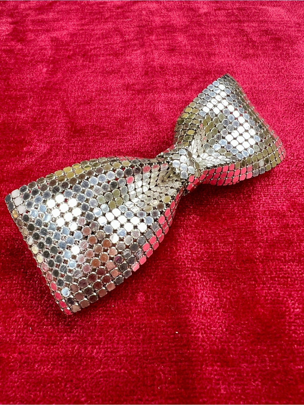 Vintage Barrette French SILVER Chainmail Metal Mesh Bow